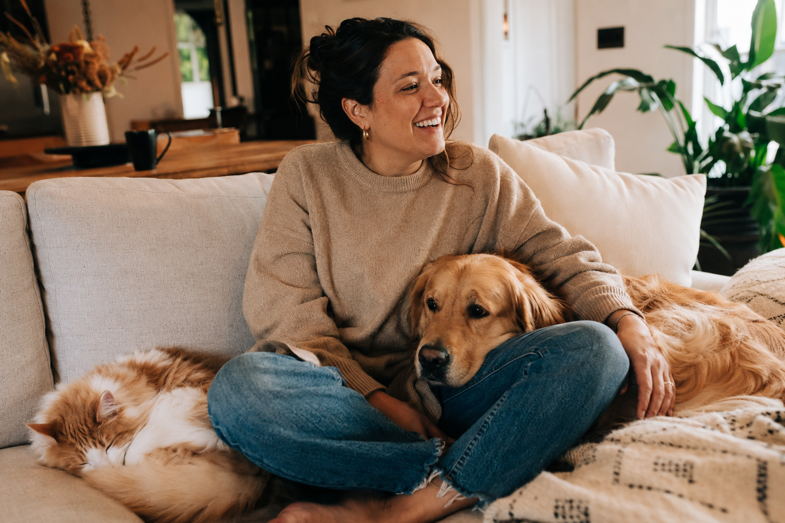Amy at home on the couch with her golden retriever and long-haired cat